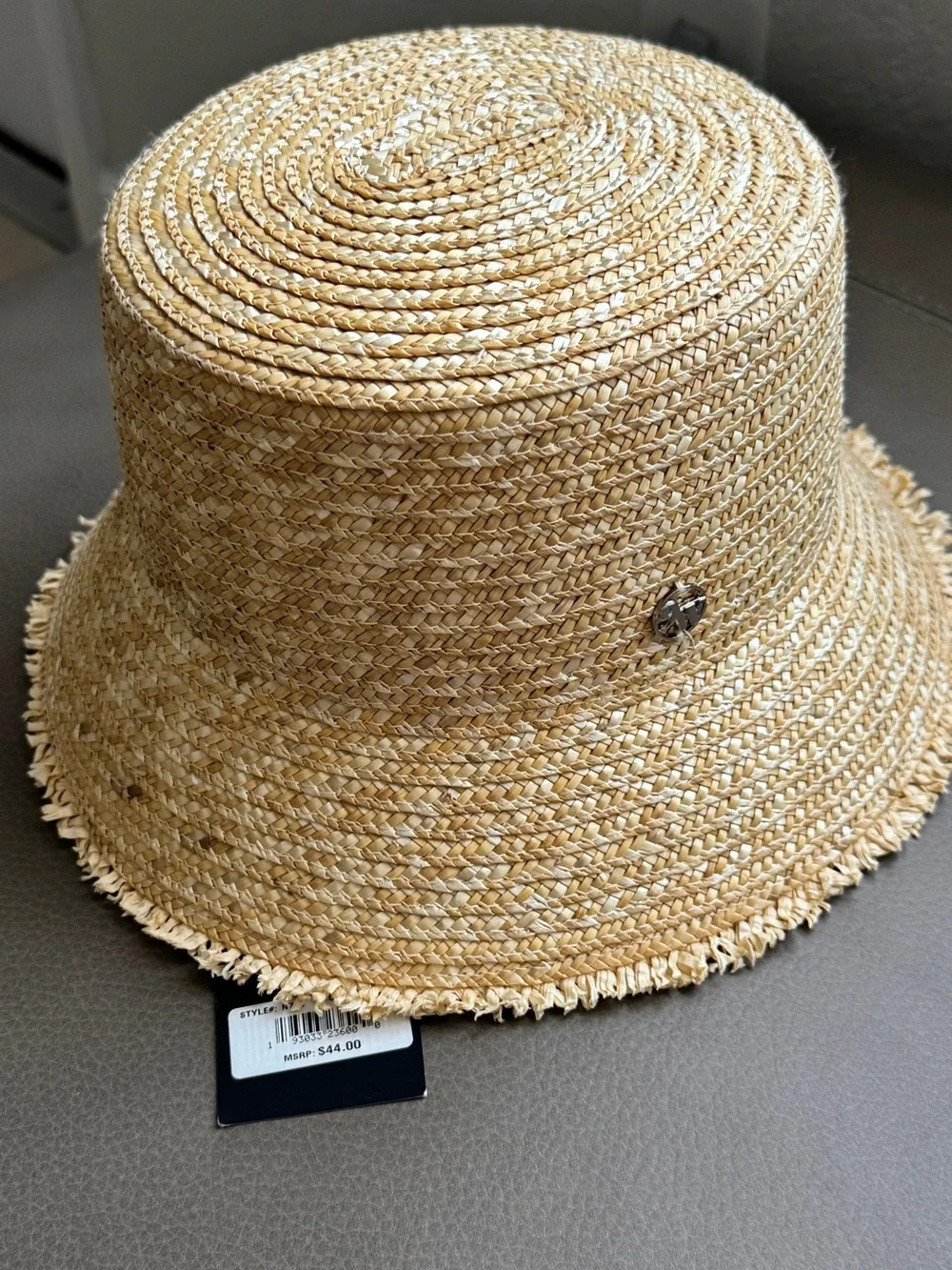 Nine West Natural Straw Bucket Hat with Logo Charm